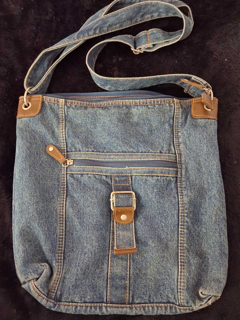 Vintage Denim Crossbody Shoulder Bag with Brown Trim